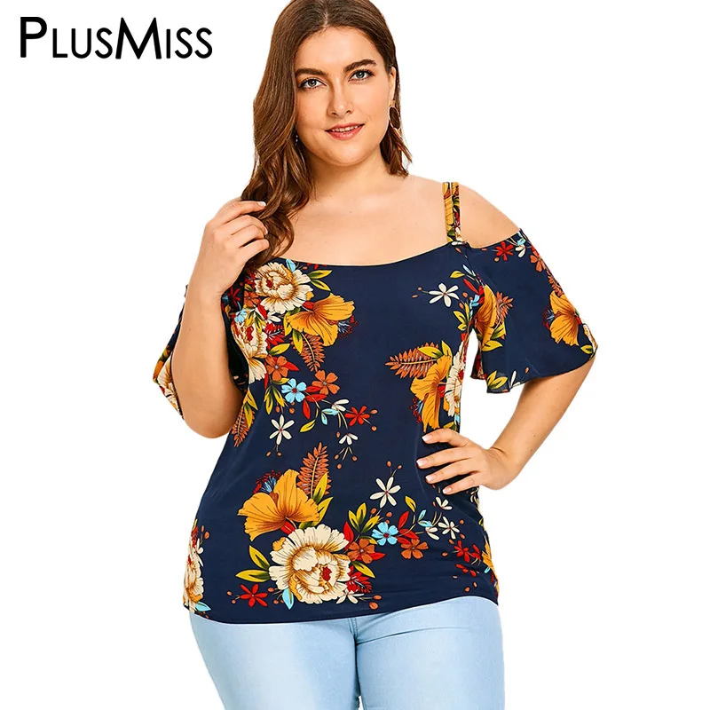 Plusmiss плюс Размеры 5XL Сексуальная с плеча цветочным принтом Boho блузки женские
