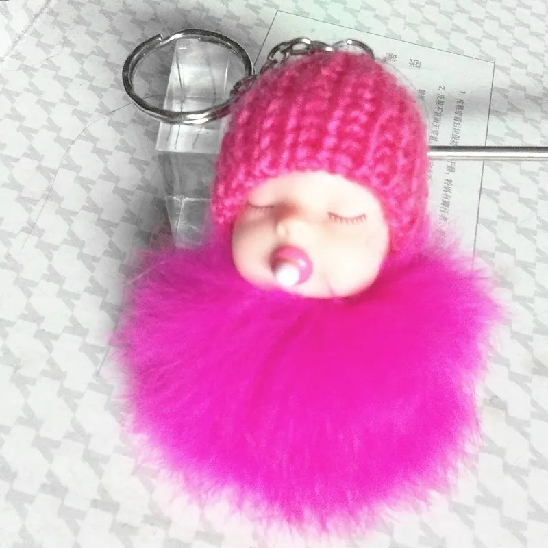 Спящего ребенка милый брелок для ключей мультфильм соску Baby брелок с натуральным кроличьим мехом мяч брелок с помпоном ручной ремесел вечерние подарки - Цвет: Rose Red