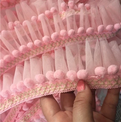 3 метра розовый/синий шар мини отделка кружево с помпонами + сетка оборки кружева