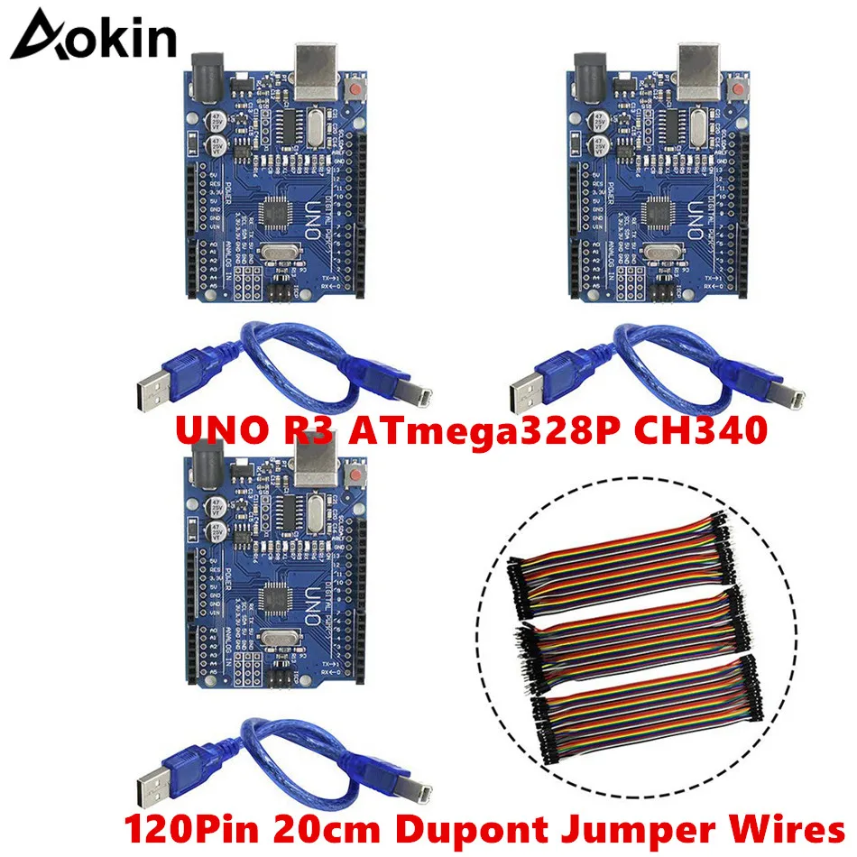 Макетная плата для микроконтроллера UNO R3 ATmega328P CH340 Arduino IDE с USB кабелем 20 см Dupont
