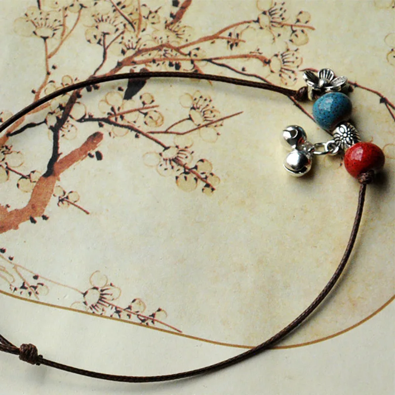 Серебряный цветок браслеты керамические бусины колокол ножной браслет плетение