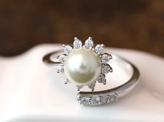 Регулируемое кольцо с жемчугом и кристаллом солнца|ring adjustable|pearl ringopen ring |