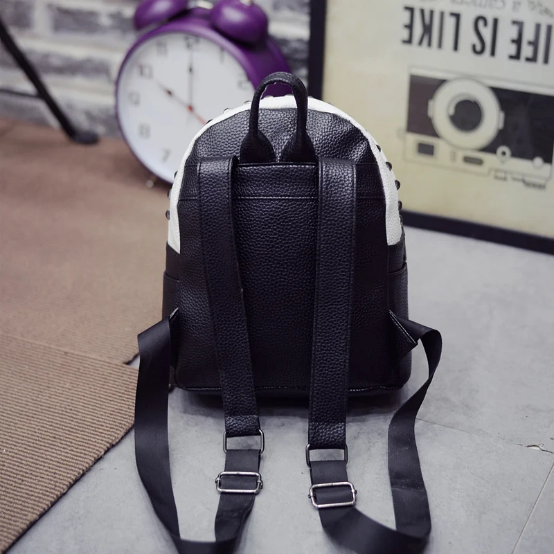 Новинка 2017 г. дизайнерские черные белая кожа заклепки рюкзак школьные сумки для
