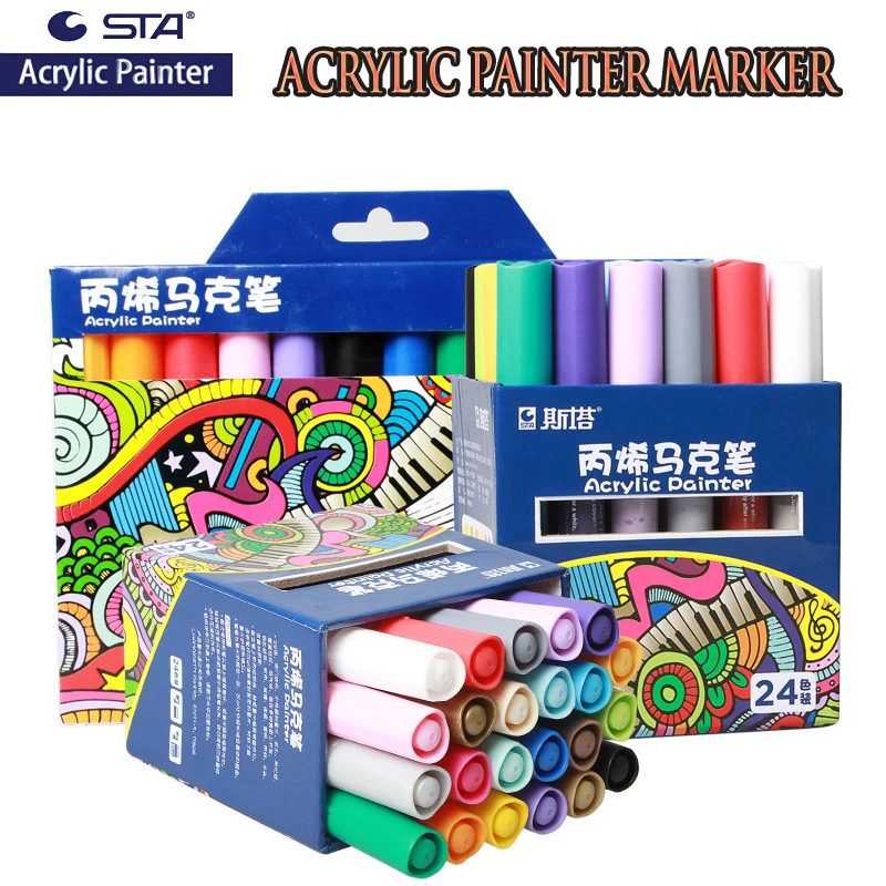 

STA 1000# Acrylic Paint Marker Pen 12/24 Colors 2mm Graffiti Pen Paper Mug Glass Canvas DIY Photo Card Album Rock Painting