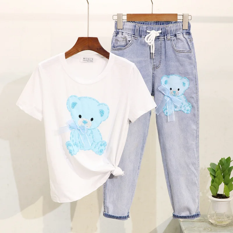 2019 летняя новая футболка женский топ с бисером бантом принтом маленького медведя