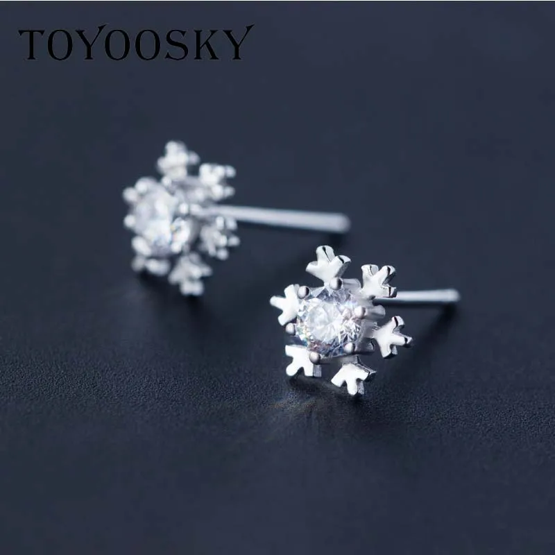 TOYOOSKY Хрустальная Снежинка Снежный хлопья серьги розовый белый синий серебро 925 пробы бижутерия серьги-гвоздики для женщин женские ювелирные изделия
