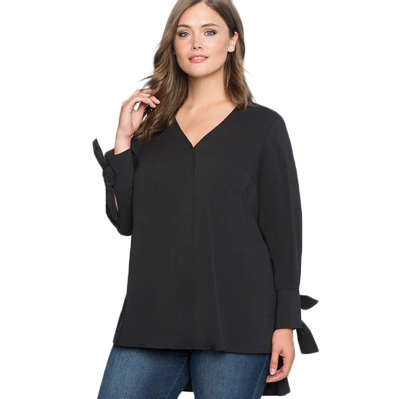 kissmilk 2020 Plus Size Solid Black V-neck Women Shirts Full Sleeve Lace Up Split Bow Female Clothing Sexy Lady Big Tops | Женская
