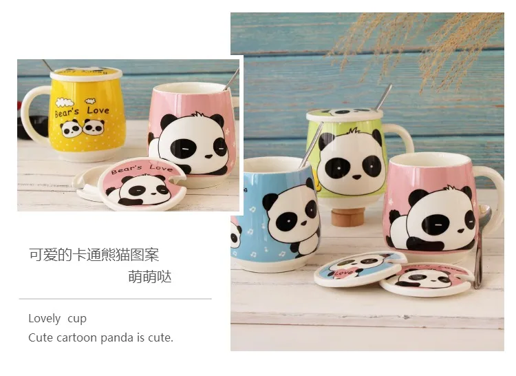 4 цвета Kawaii мультфильм панда кружки с ложкой керамическая чашка с крышкой бутылки для воды кружка для кофе, молока чай чашки любовник подарки на день рождения