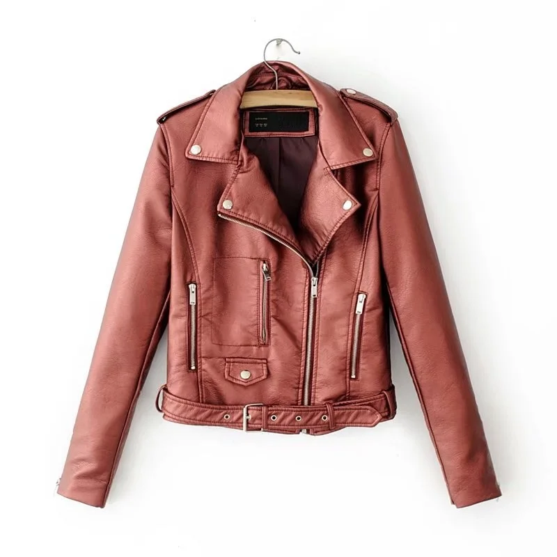Spring Autumn women's clothing PU Leather Jacket Faux Soft Coat Slim Rivet Zipper Motorcycle Jackets 8002 | Женская одежда
