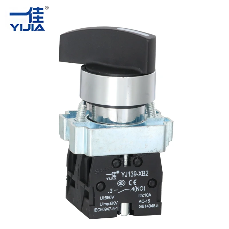 Селекторный переключатель на кнопке с длинной ручкой, самозащелкивающийся, с серебряными контактами, 22 мм, с позициями ON/OFF, 1NO1NC, 2 положения, артикул XB2-11XB/21.