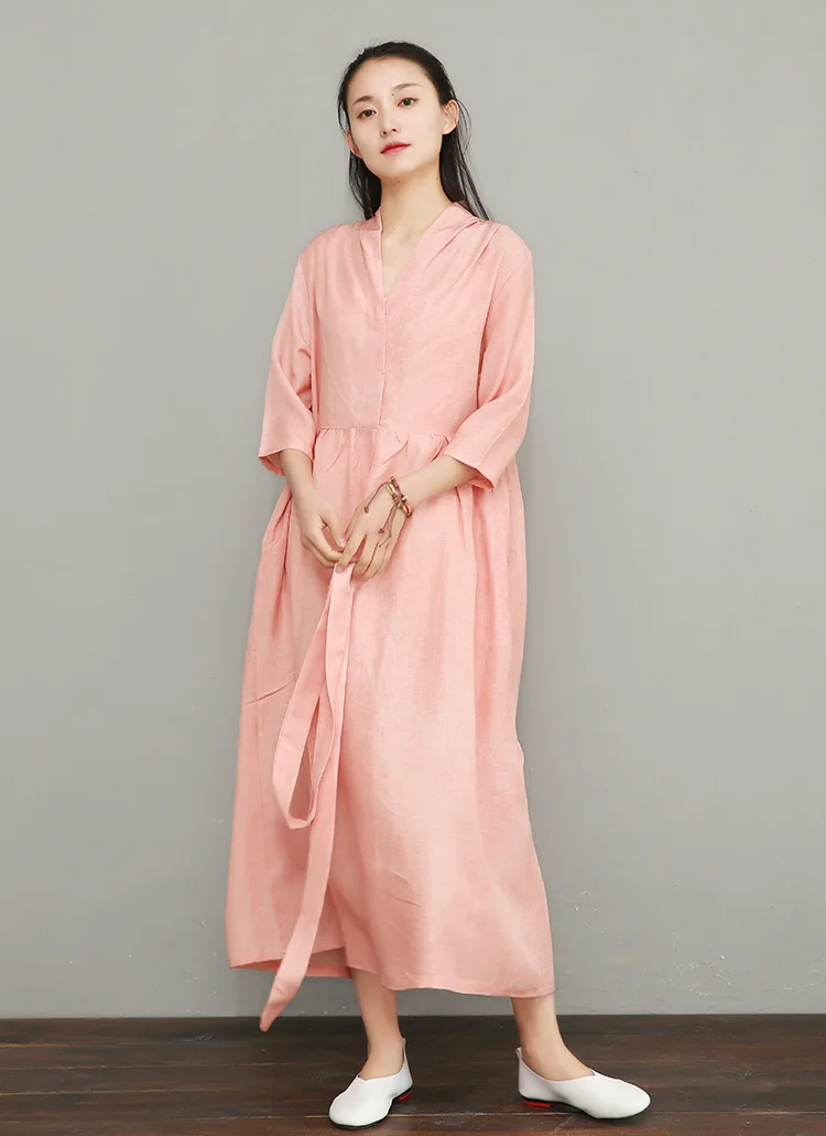 NINI WONDERLAND, летнее платье с v-образным вырезом,, женское, Tencel, льняное, винтажное платье, женское, одноцветное, длинное платье, халат, высокое качество - Цвет: Pink