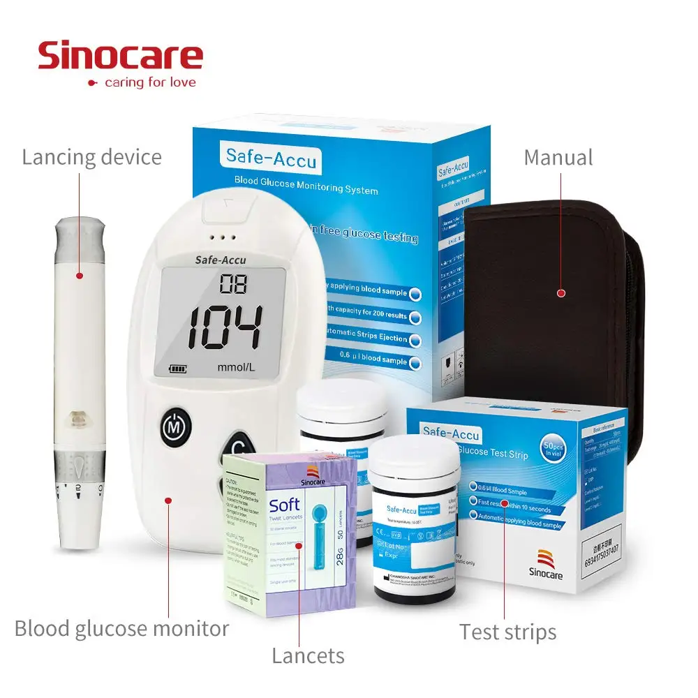 Глюкометр мг/дл против ммоль/л Sinocare Safe-Accu 50 отдельных тест-полосок ланцеты точный