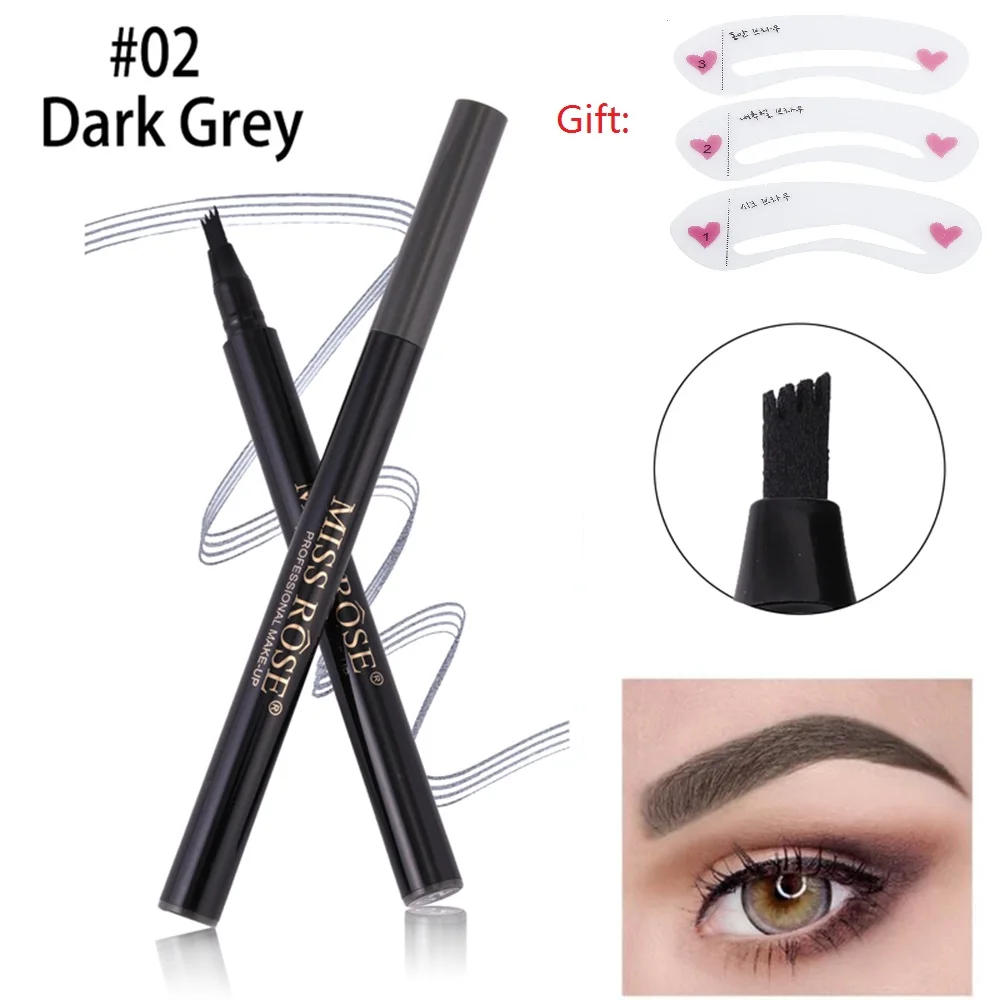 02 Dark Grey MISS ROSE, 4 головки, водонепроницаемый, вилка, кончик, микроблейдинг, жидкая, для бровей, тату, ручка, оттенок, тонкий эскиз, Maquiagem, карандаш, Sourcil TSLM1 - Цвет: 02 Dark Grey