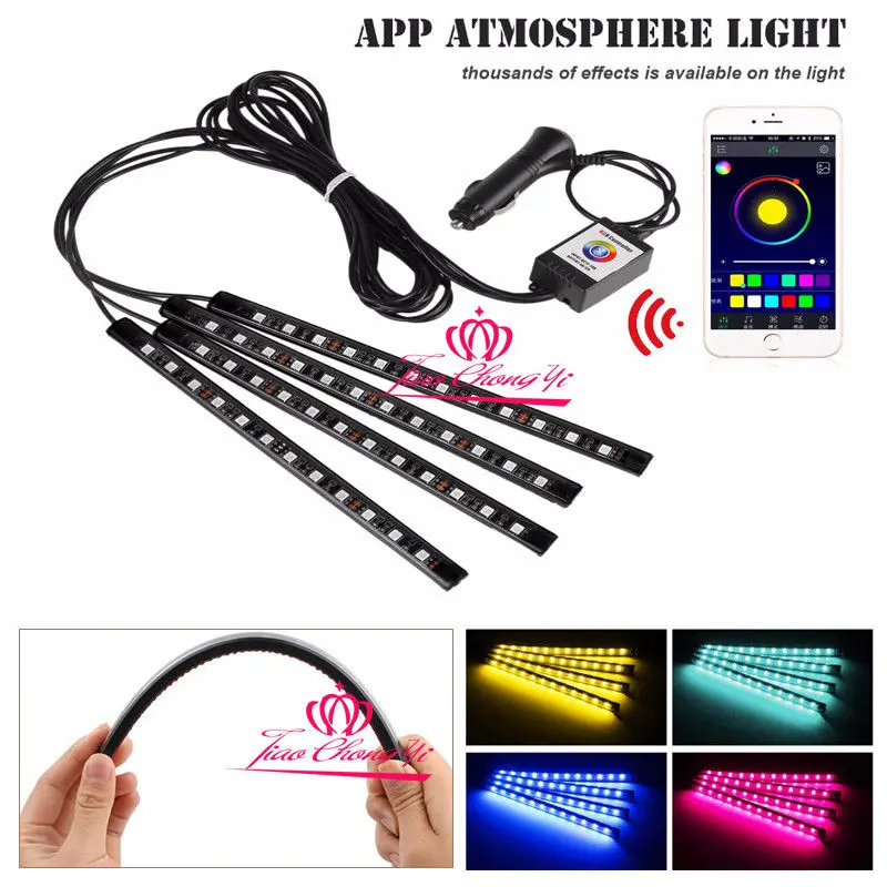 4 полосы 12 LED Автомобильная Атмосфера RGB телефон приложение музыка управления