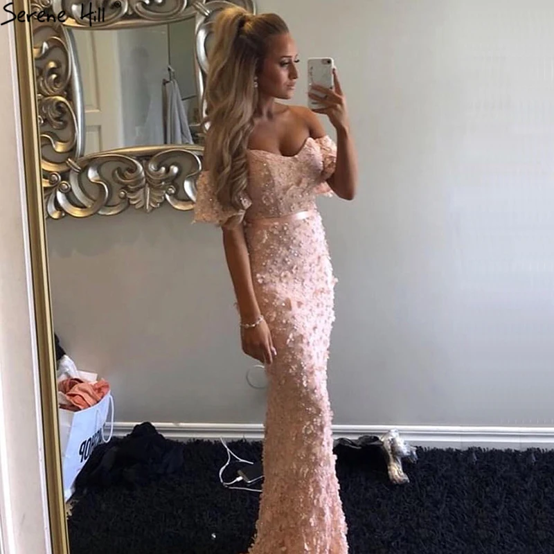Blush Pink Mermaid Off Shoulder Evening Dresses 2019 Dubai Flowers Crystal Sexy Gowns Serene Hill BLA6519 | Свадьбы и торжества