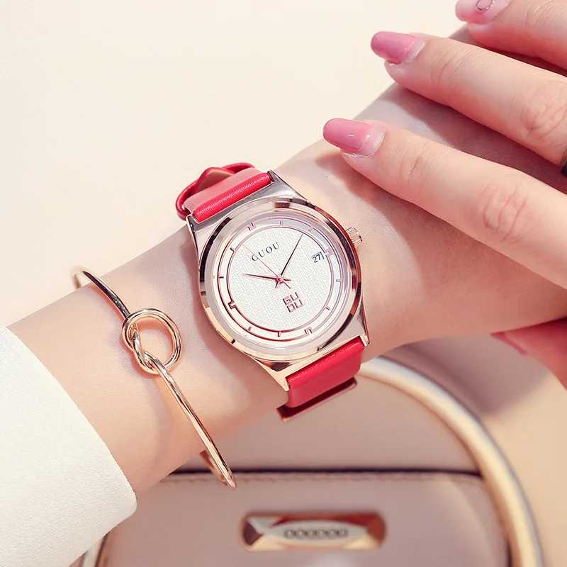 2019 Women's Watches Leather Waterproof Large round simple Dial Fashion Style lady  Quartz Watches G8088