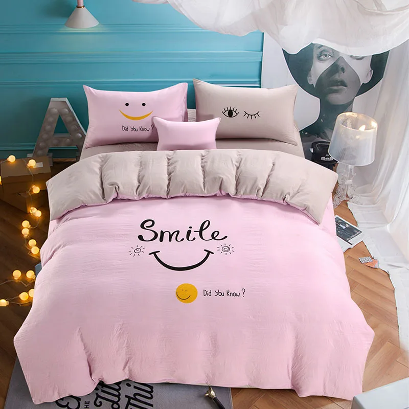 smile purple gray INS промытый хлопок четыре части кружева Seers промытый хлопок серии набор простой сплошной мягкий приятный для кожи удобный прочный - Цвет: smile purple gray