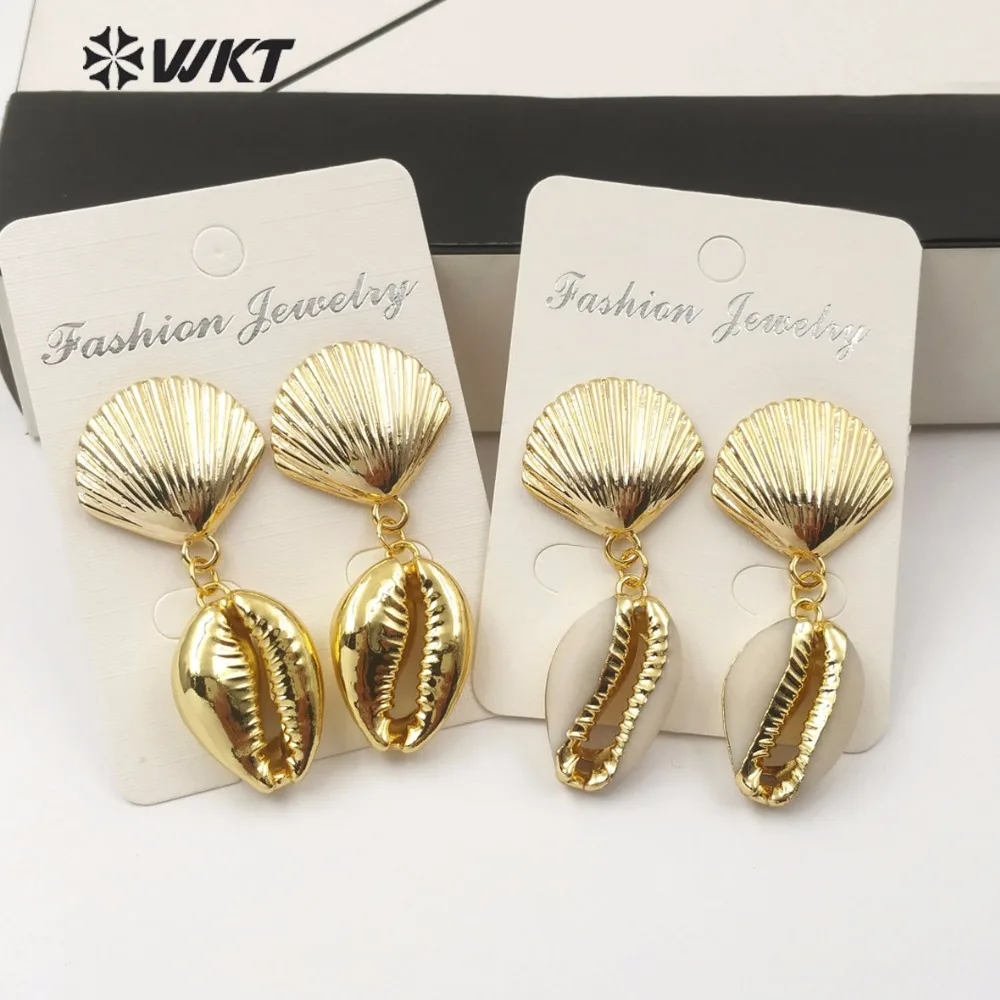 Серьги-гвоздики женские, с натуральными ракушками, золотистые, WT-E515 WKT