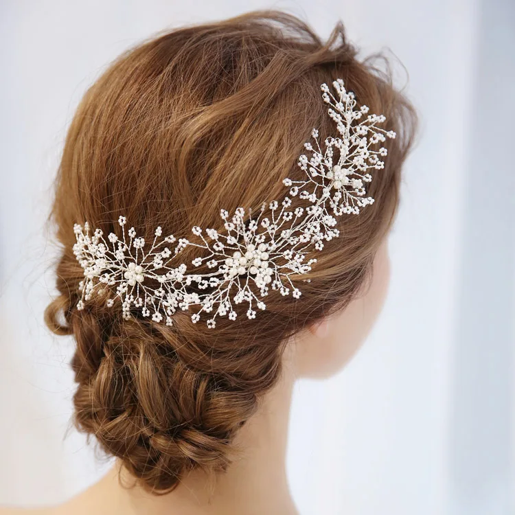 Плавающие жемчужные бусинки Пышные свадебные волосы боковая лоза свадебное