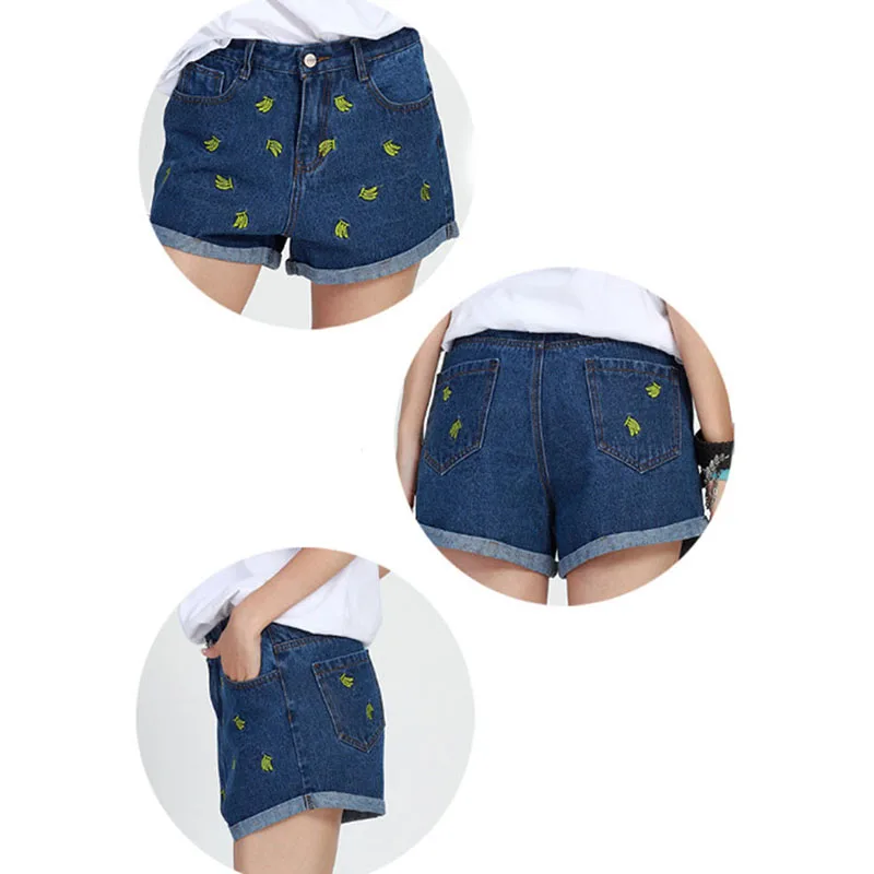Джинсовые шорты женские летние джинсовые с вышивкой банана 2017 повседневные на