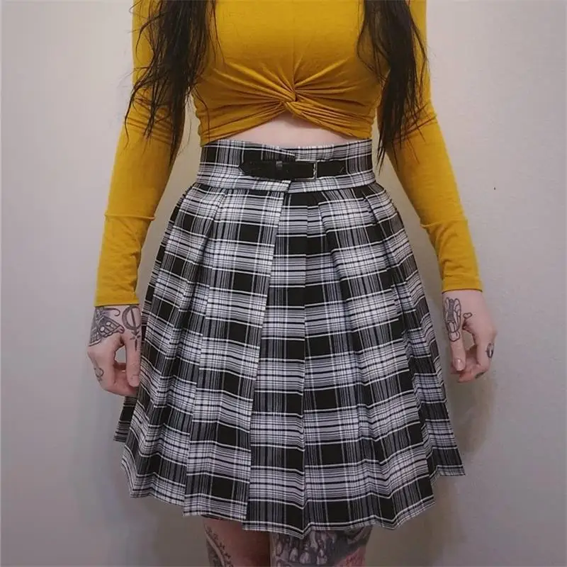 plaid InstaHot плиссированные юбки в готическом стиле с завышенной талией для женщин в стиле панк, школьный стиль, черные плиссированные мини юбки с пряжкой, уличная весенняя одежда - Цвет: plaid
