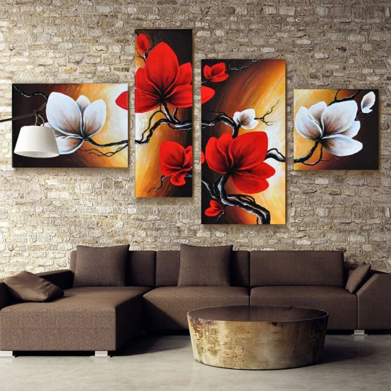 

4 Panel Canvas Art Hand Painted Red Flowers Oil Painting Handmade Flower Painting Cuadros Decoration For Living Room Unframed
