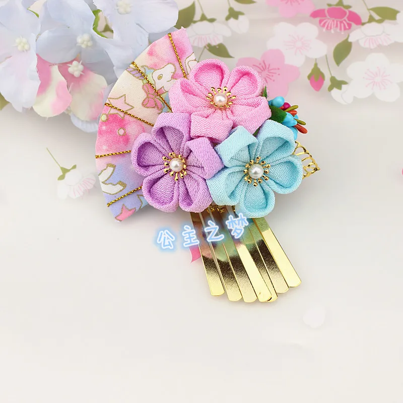 Японский стиль tsuami Kanzashi Розовый Красный кисточки Цветок сакуры веер кимоно аксессуар ручной работы заколка для волос HW002