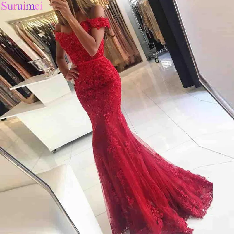 

Lace Applique Red Mermaid Evening Dresses 2018 Custom made Court Train Sleeveless Beads Formal Emerald Green Party Evening Dress
