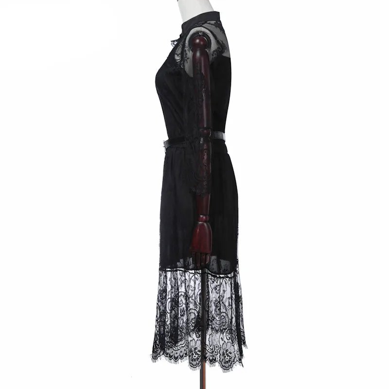 Женское ажурное платье с рукавом до локтя эластичным поясом и цветочным узором