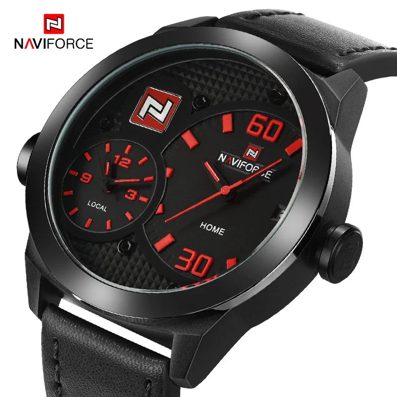 Red Naviforce Для мужчин Спортивные часы модные роскошные Лидирующий бренд Dual Time Повседневные часы кожаный ремешок Водонепроницаемый часы Relogio Masculino - Цвет: Red