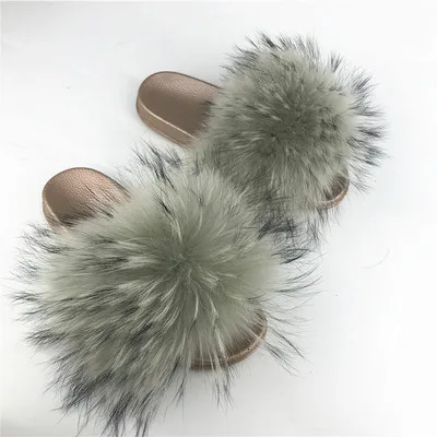 Bean Green Обувь в тропическом стиле; женские шлепанцы; шлепанцы с натуральным мехом енота; летние женские сандалии золотистого цвета с подошвой из ПВХ; пушистые шлепанцы; VS1016 - Цвет: Bean Green