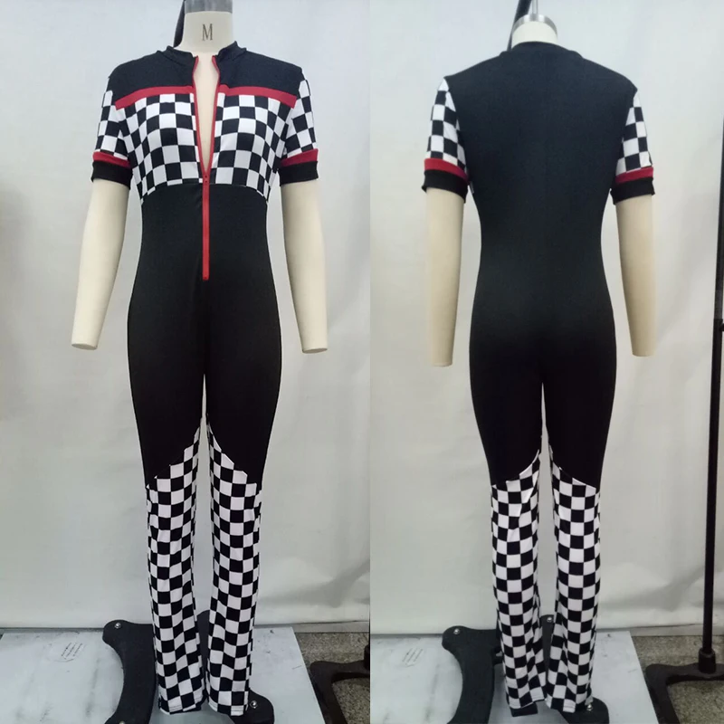 Женский Облегающий комбинезон в черно-белую клетку с v-образным вырезом большие
