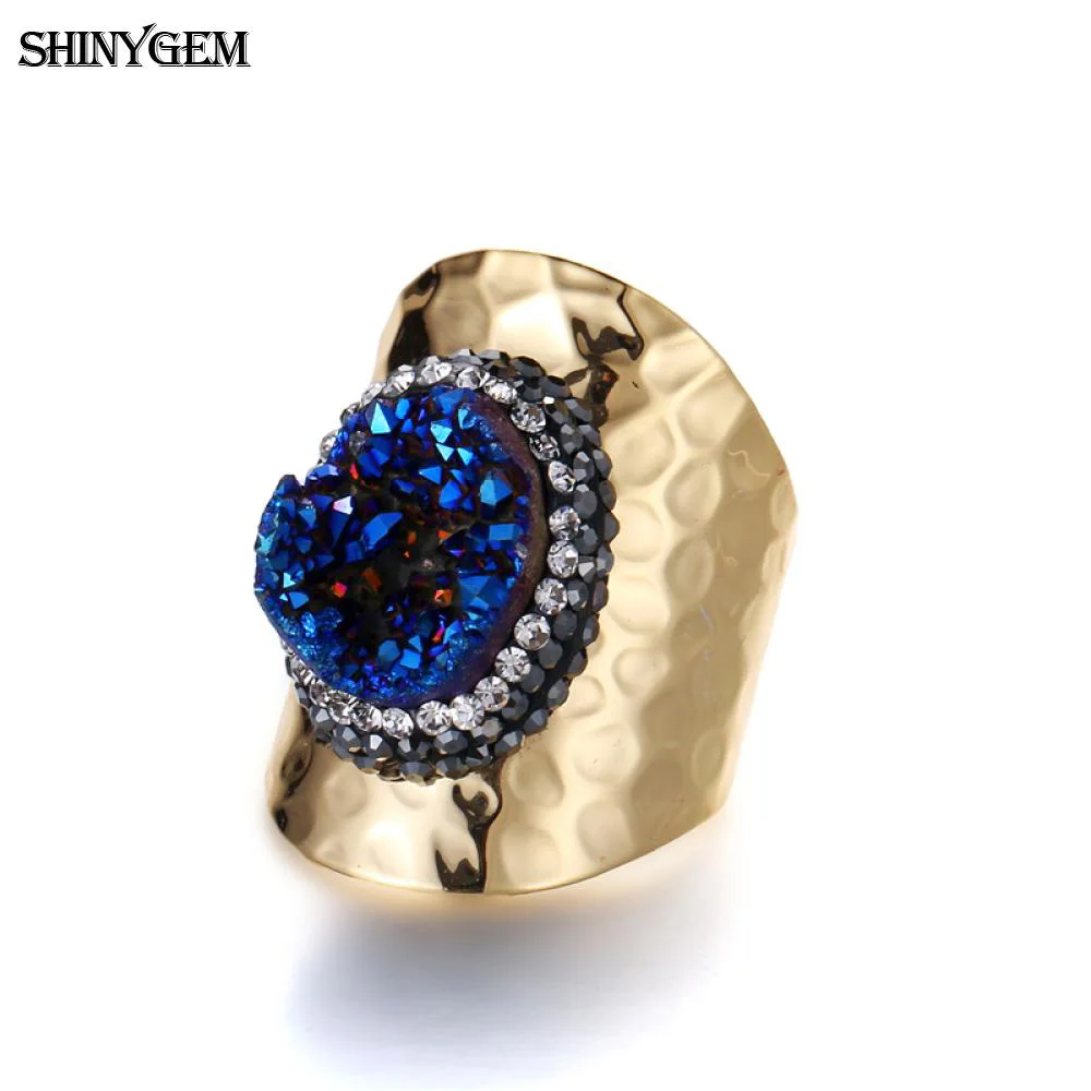 Кольца на палец с золотым покрытием ShinyGem Druzy, сверкающие кольца с нестандартными радужными кристаллами, большие кольца с натуральным камнем для женщин