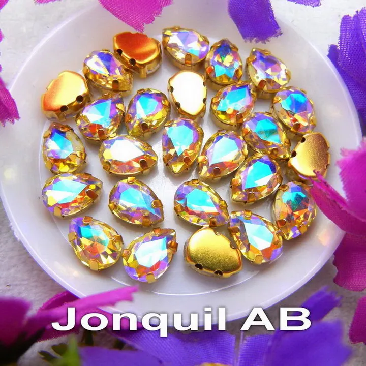 A14 Jonquil AB AB цвета 7 размеров золотой коготь настройки водослива стеклянный кристалл в форме слезы пришить Стразы Бисер для одежды аппликация diy отделка - Цвет: A14 Jonquil AB