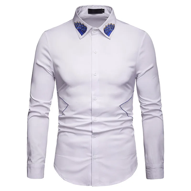 Mens Casual Lapel Embroidered Business Shirts Fashion Black White Large Size Long Sleeve Loose for Young 2019 Spring | Мужская одежда