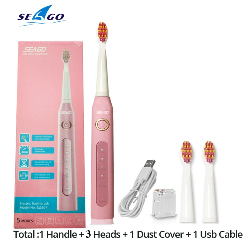 Звуковая электрическая зубная щетка для взрослых Seago 507 Smart USB перезаряжаемая отбеливание зубов Мягкая зубная щетка со щетиной гигиена полости рта здоровье - Цвет: pink