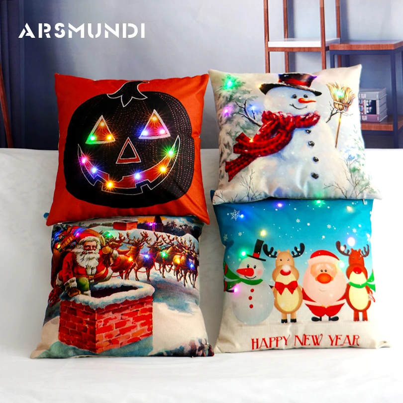 Рождественская льняная мультяшная светодиодная наволочка для подушки домашнего