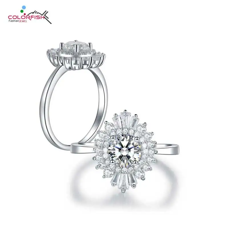 

COLORFISH 925 Sterling Silver Round Cut 0.8ct Halo Engagement Ring For Women Vintage Style Cubic Zirconia Cluster Cocktail Rings