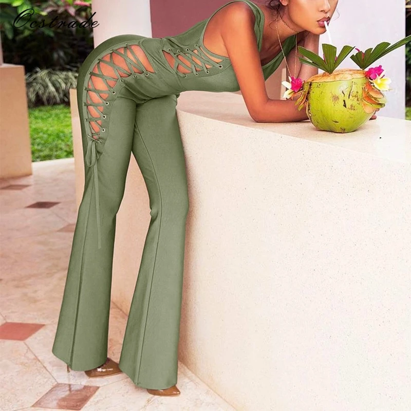 Ocstrade Jumpsuits for Women 2017 Summer Sexy Olive Green Lace-up Rayon Bandage Jumpsuit with Wide Legs | Женская одежда