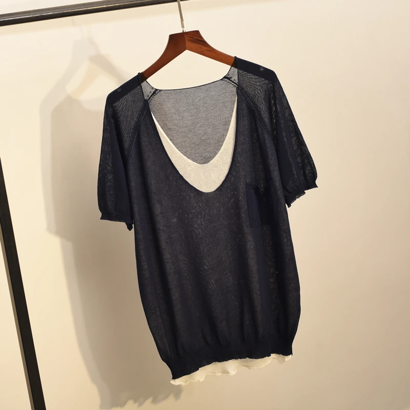 Summer Women T-shirts Casaul Ladies V-neck Batwing Short Sleeve Tops Tees Loose Fake Two Cover Fat Clothing 2018 Hong Kong Style | Женская