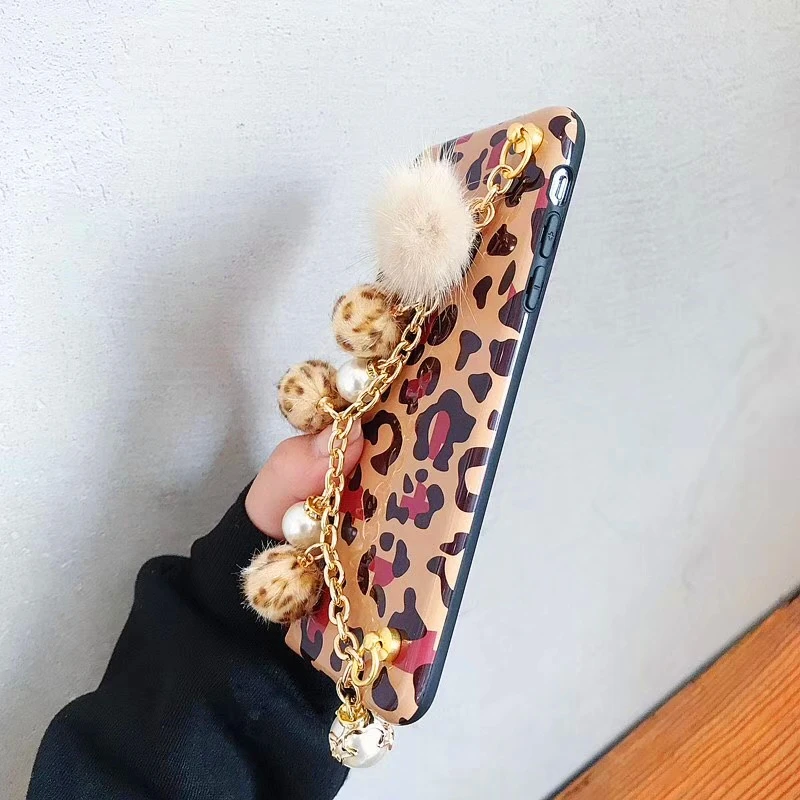 Luxury leopard print Plush ball Case For iPhone X XR XS Max Metal Bracelet Wristband iphone 8 7 6 6s Plus | Мобильные телефоны и