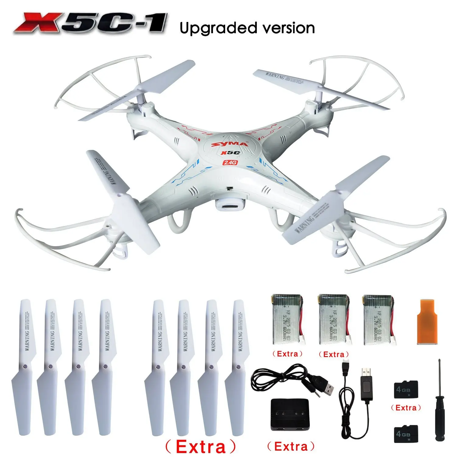 Originale SYMA X5C/ X5C-1 Explorers 2.4G 4CH 6-Axis Gyro RC Quadcopter con fotocamera HD + batterie Extra 2 pezzi + pale dell'elica + 4GB