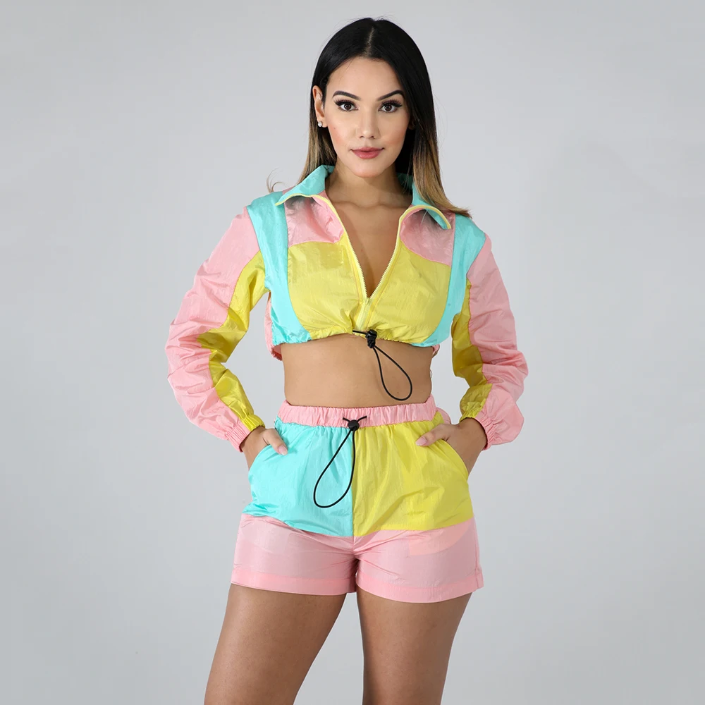 

Women Fluorescent Patchwork Tracksuit Long Sleeve Zipper Elastic Waist Crop Top With Shorts Club Bodycon Sporting Two Piece Set