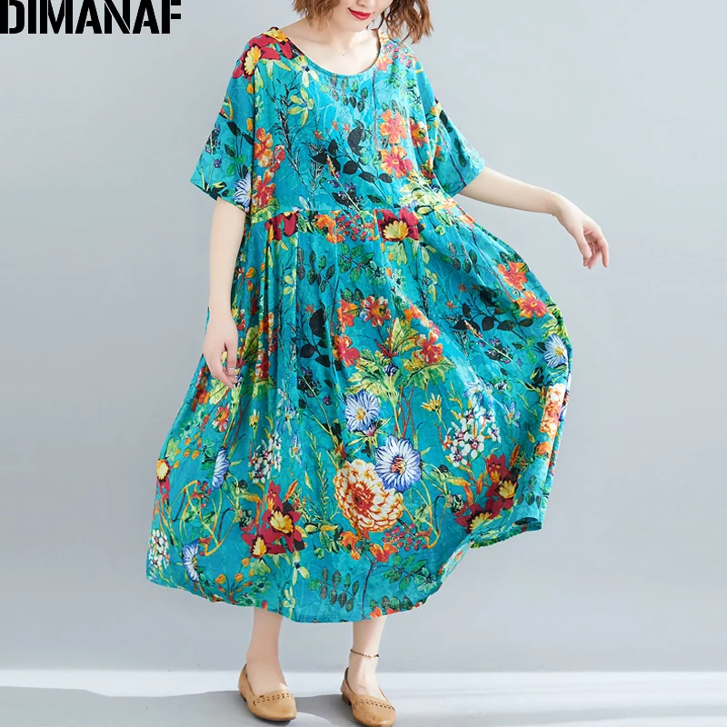 

Женское длинное Хлопковое платье DIMANAF, Свободный Повседневный Сарафан с цветочным принтом, большого размера, лето 2021