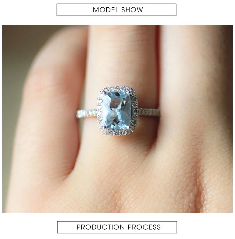 Дюпюи Обручение кольцо 6*8 мм 1.4ct Вырезать Прямоугольник High End Голубой Аквамарин кольцо 14 К белого золота с бриллиантами обручальное кольцо D180075