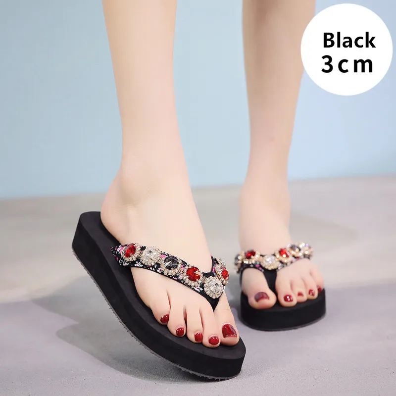 3CM Heel Black Suihyung/женские шлепанцы; летние пляжные вьетнамки; модные Шлёпанцы на танкетке, украшенные стразами и цветами; женские Вьетнамки; повседневная обувь - Цвет: 3CM Heel Black