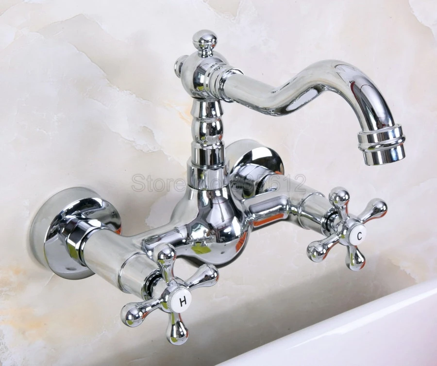 

Chrome Wall Mount Double Handle Bathroom Faucet Vanity Vessel Sinks Mixer Tap Cold And Hot Water Tap tnf968
