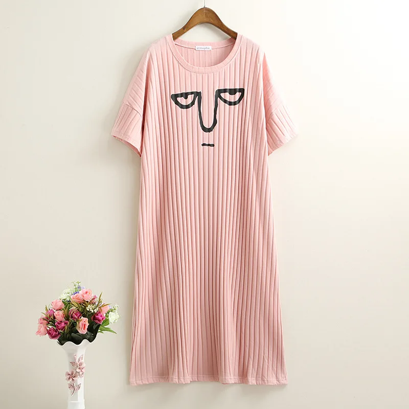

Plus Nightgown Cotton Nightshirt night Dress Summer Round Neck Sleepwear Women Smile Angry Face Lounge Homewear Wholesale 2019