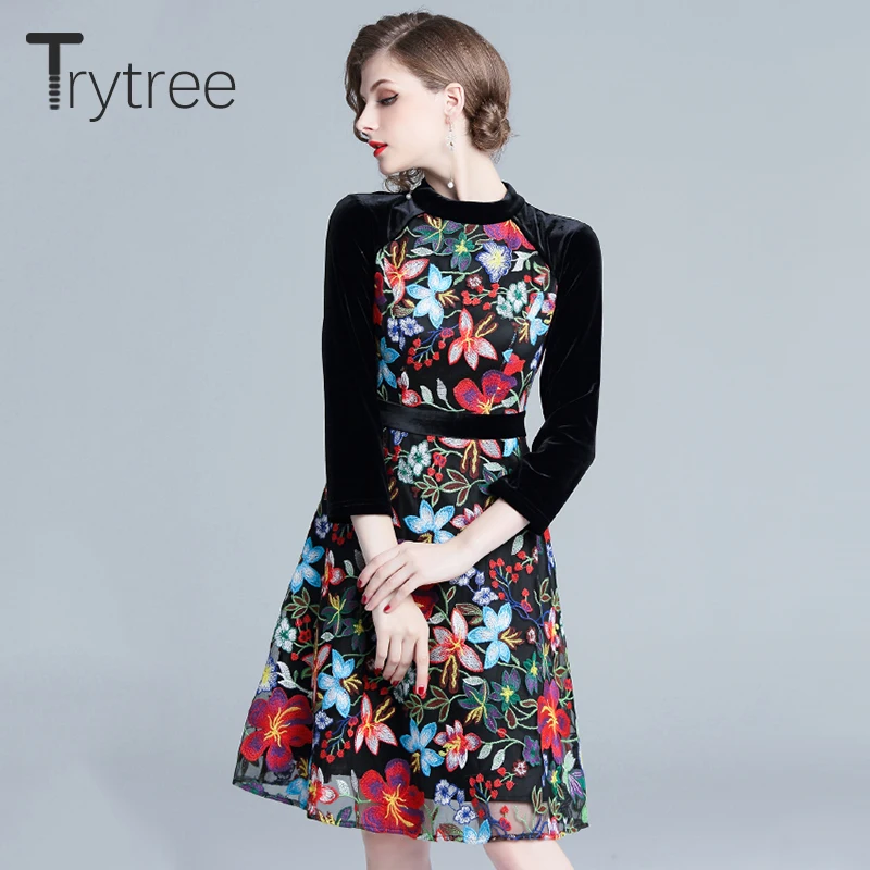 Trytree осеннее женское платье трапециевидной формы с цветочной вышивкой из бархата