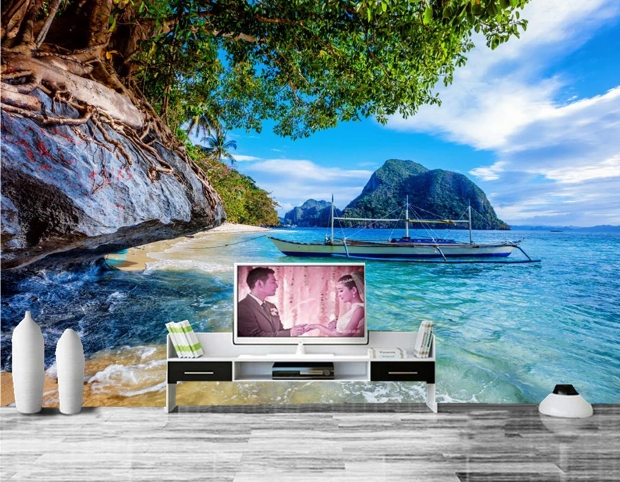 Пользовательские обои тропики побережье лодки море Crag природа ТВ фон гостиная